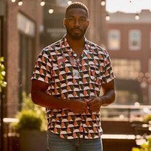 Shaquille Oneal XLT Mens Short Sleeve Button Down Shirt Multi Circle Print Rayon